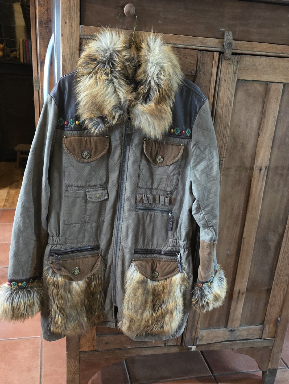 Double D Ranch Quilted Brown Jacket with Fur Trim 1x